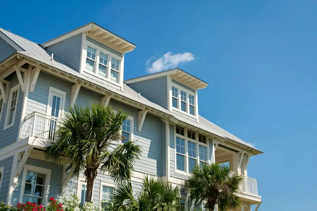 blue home after exterior painting and palm trees